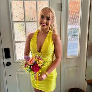 Jovani Vibrant Yellow Halter Mini Dress